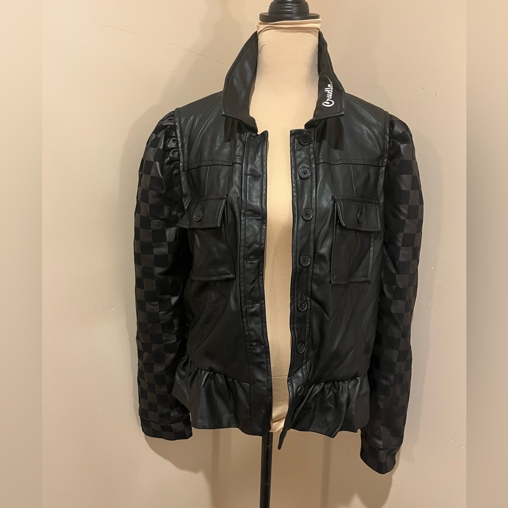 NWOT Disney Cruella De’Vil Black Faux Leather Jacket Checkered Sleeves, size L